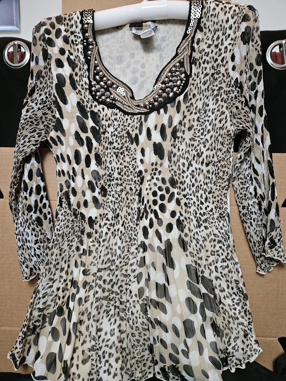 Embellished Animal Print Long Sleeve Women’s Top - Beige/Black
